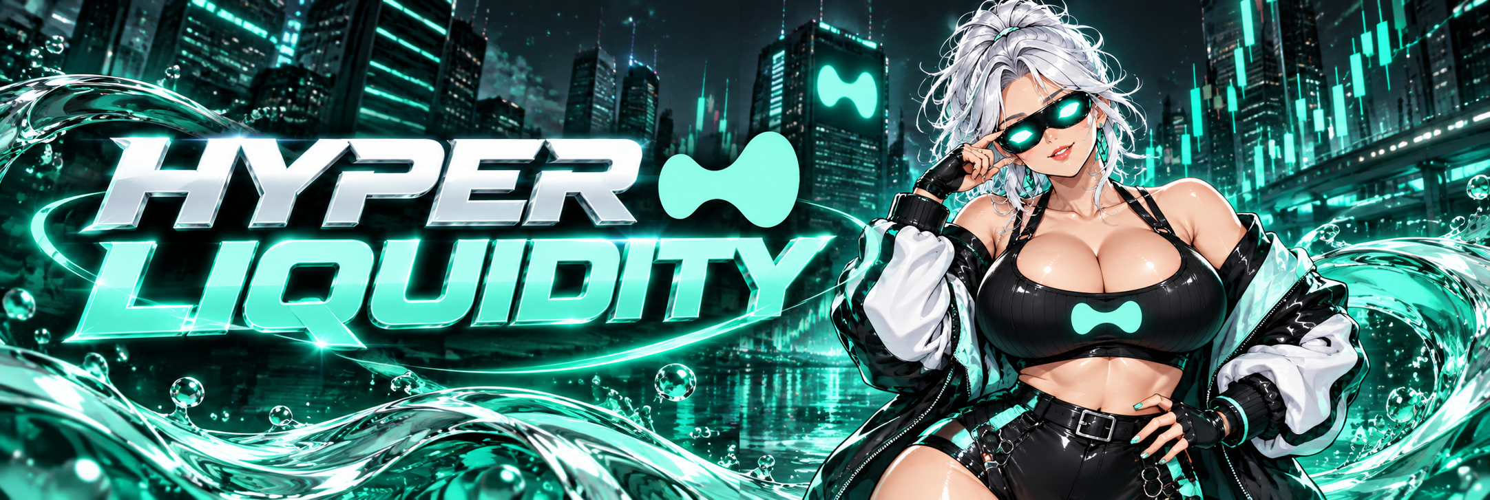 Hyper Liquidity — the heroine in mint sunglasses before a neon skyline